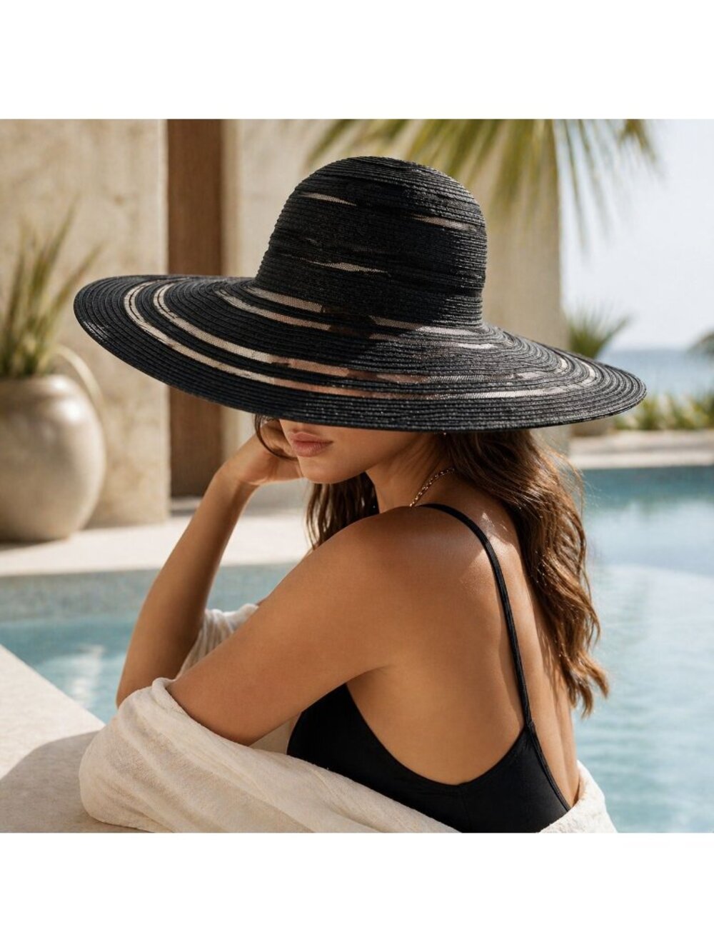 Black Wide Brim Sun Hat Mesh Stripe Lightweight Beach Travel Euro Summer Resort